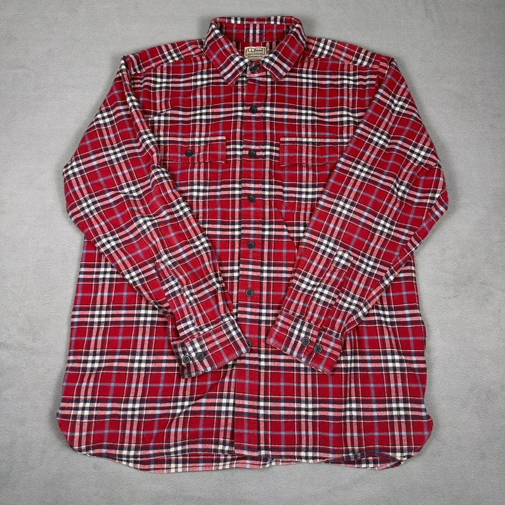 LL Bean Mens Large Red Plaid Flannel Shirt Traditional Fit Cotton Button Down